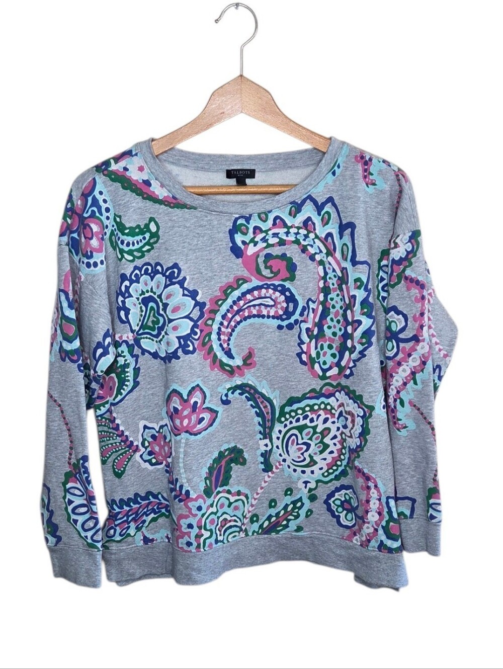 Talbots Gray Pink Blue Green Paisley Crewneck Sweatshirt Size Large Petite LP
